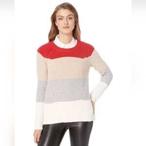 Lucky Brand Women's Scoop Neck Pointelle Sweater, Red/Tan/Gray/Cream - Small